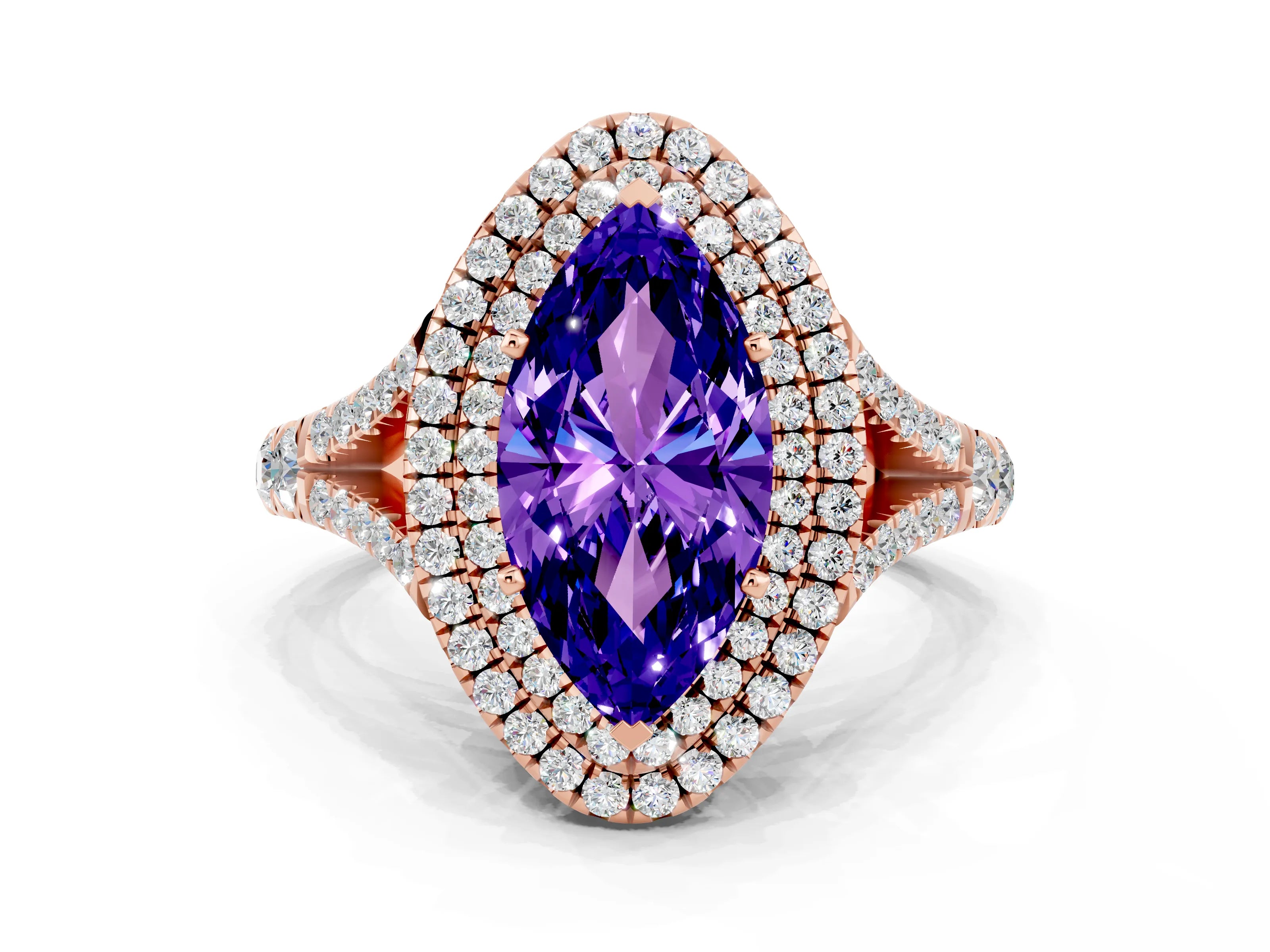 Rose gold Marquise Cut Tanzanite Pavé Split Shank Double Halo Engagement Ring