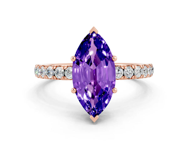 Rose gold Marquise Cut Tanzanite Pave Band Solitaire Ring with Round  and Prong Setting