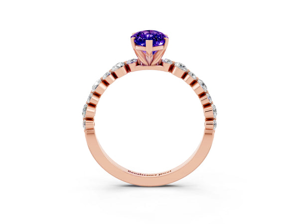 Rose gold Marquise Cut Tanzanite Prong Set Engagement Ring with Pavé Band