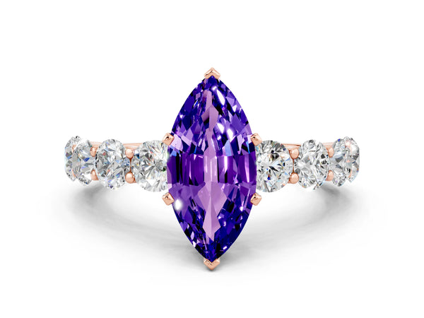 Rose gold Marquise Cut Tanzanite Prong Setting with Side Stones on a Pave Band