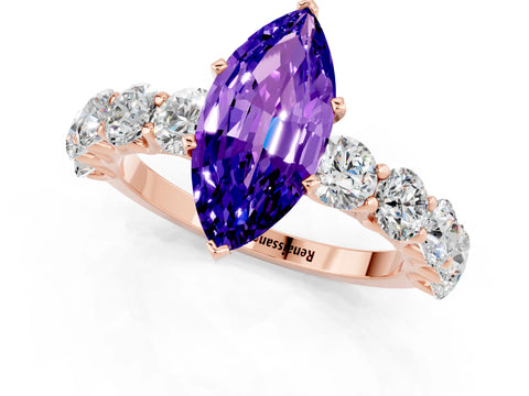 Rose gold Marquise Cut Tanzanite Prong Setting with Side Stones on a Pave Band_1