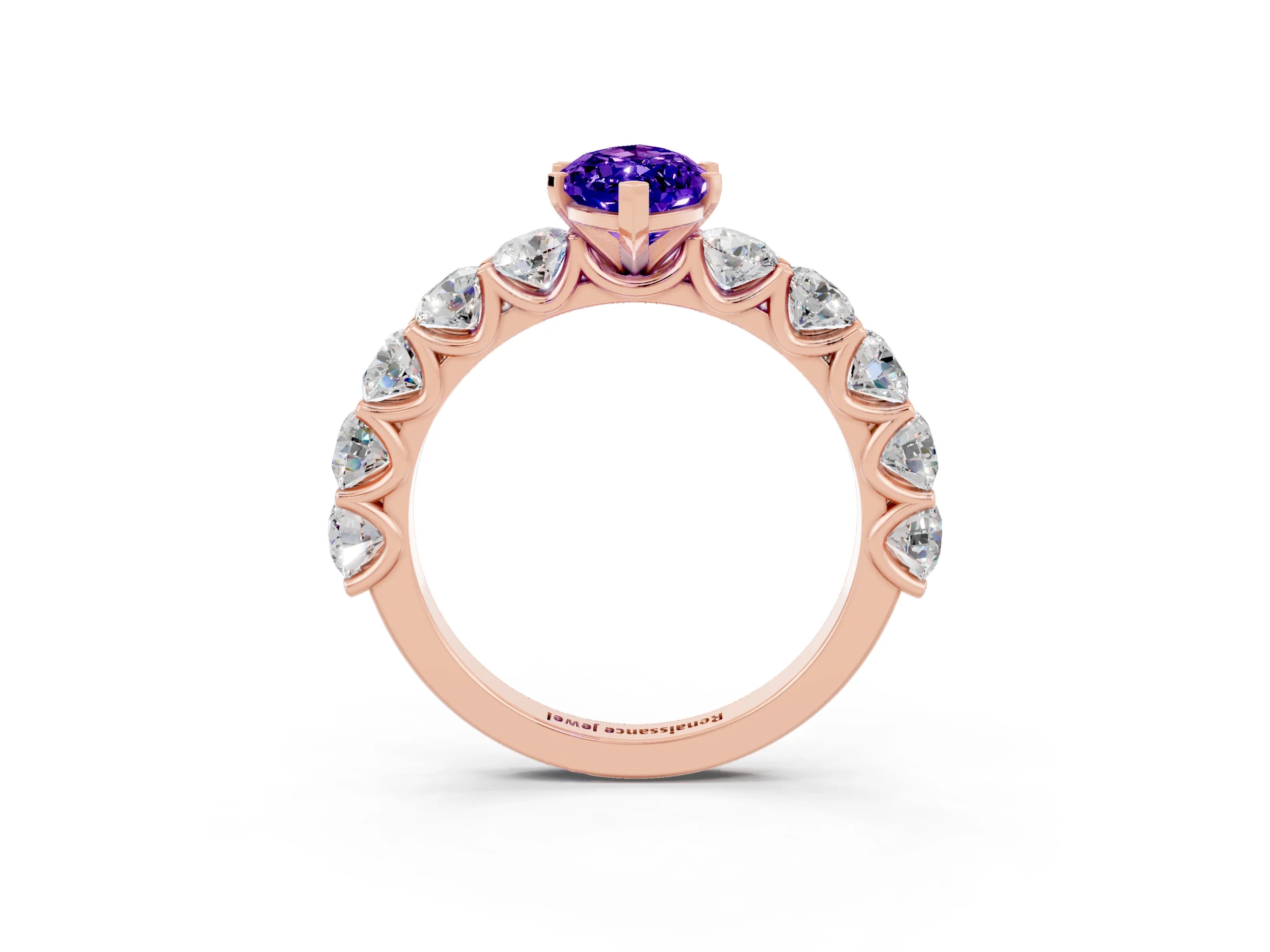 Rose gold Marquise Cut Tanzanite Prong Setting with Side Stones on a Pave Band_3