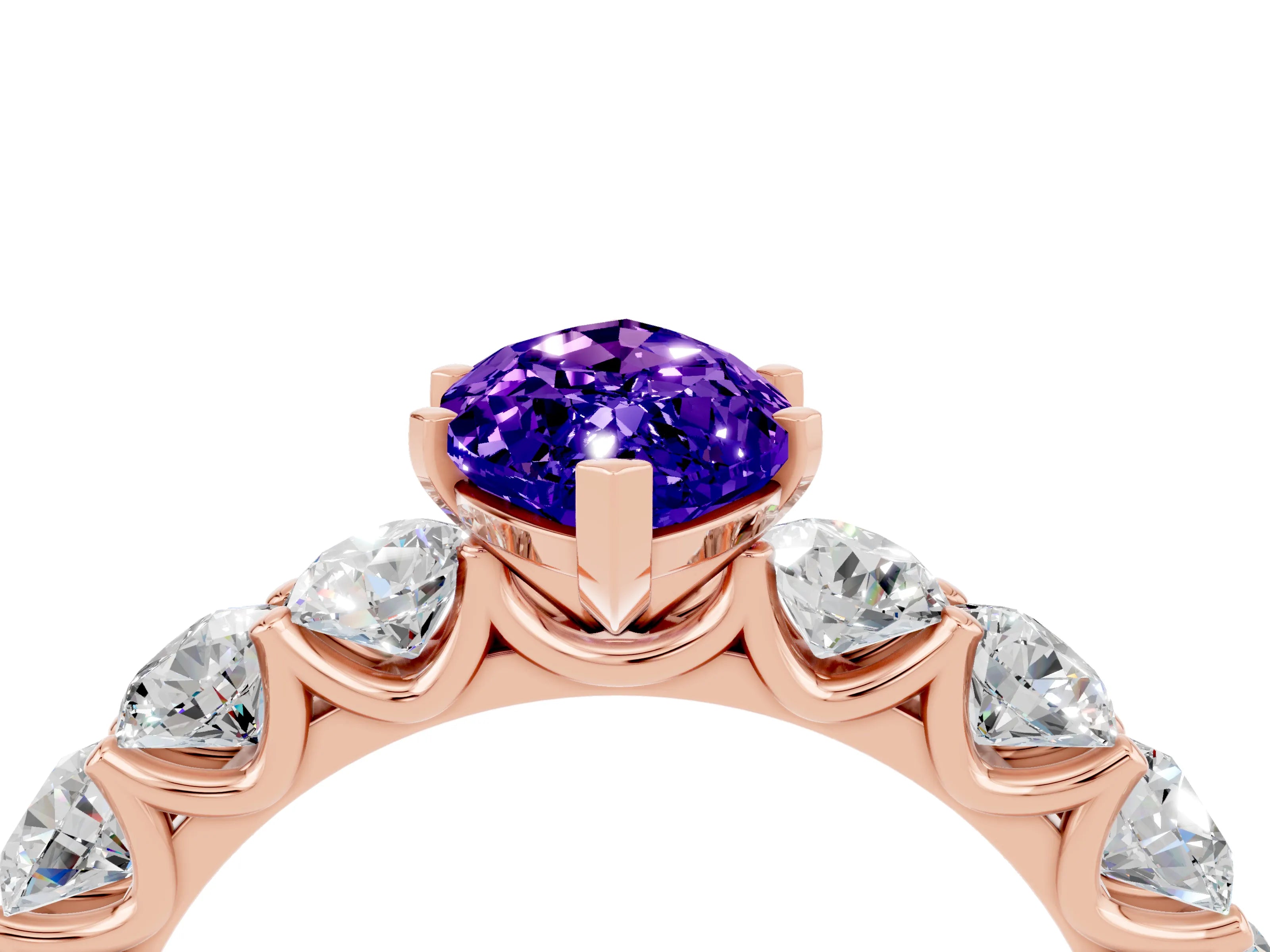 Rose gold Marquise Cut Tanzanite Prong Setting with Side Stones on a Pave Band_4