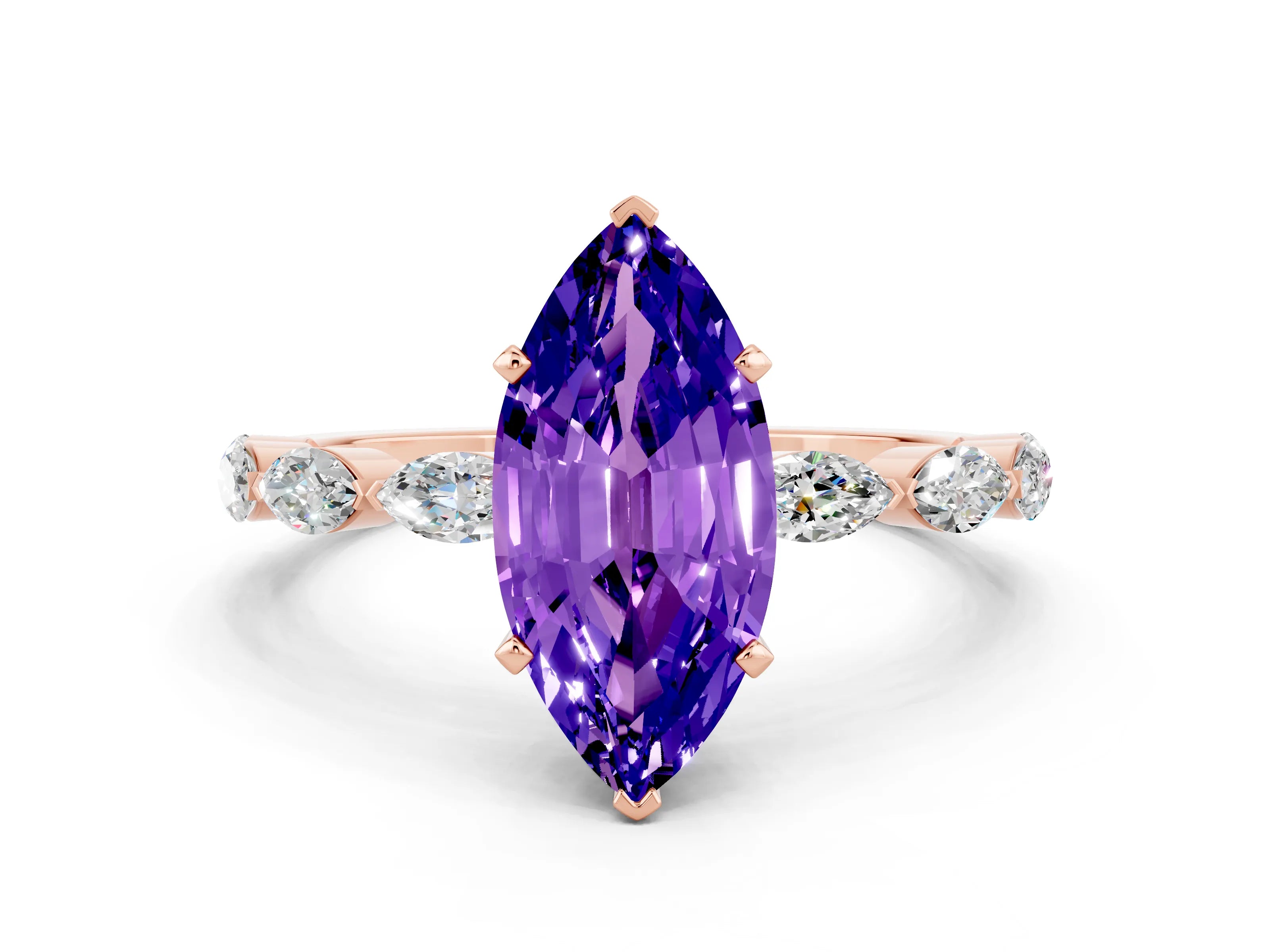 Rose gold Marquise Cut Tanzanite Ring with Marquise Side Stones and Prong Setting