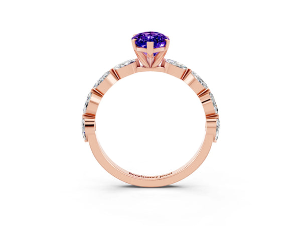 Rose gold Marquise Cut Tanzanite Ring with Marquise Side Stones and Prong Setting
