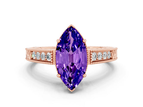 Rose gold Marquise Cut Tanzanite Ring with Milgrain Pavé Band and Four-Prong Setting_12