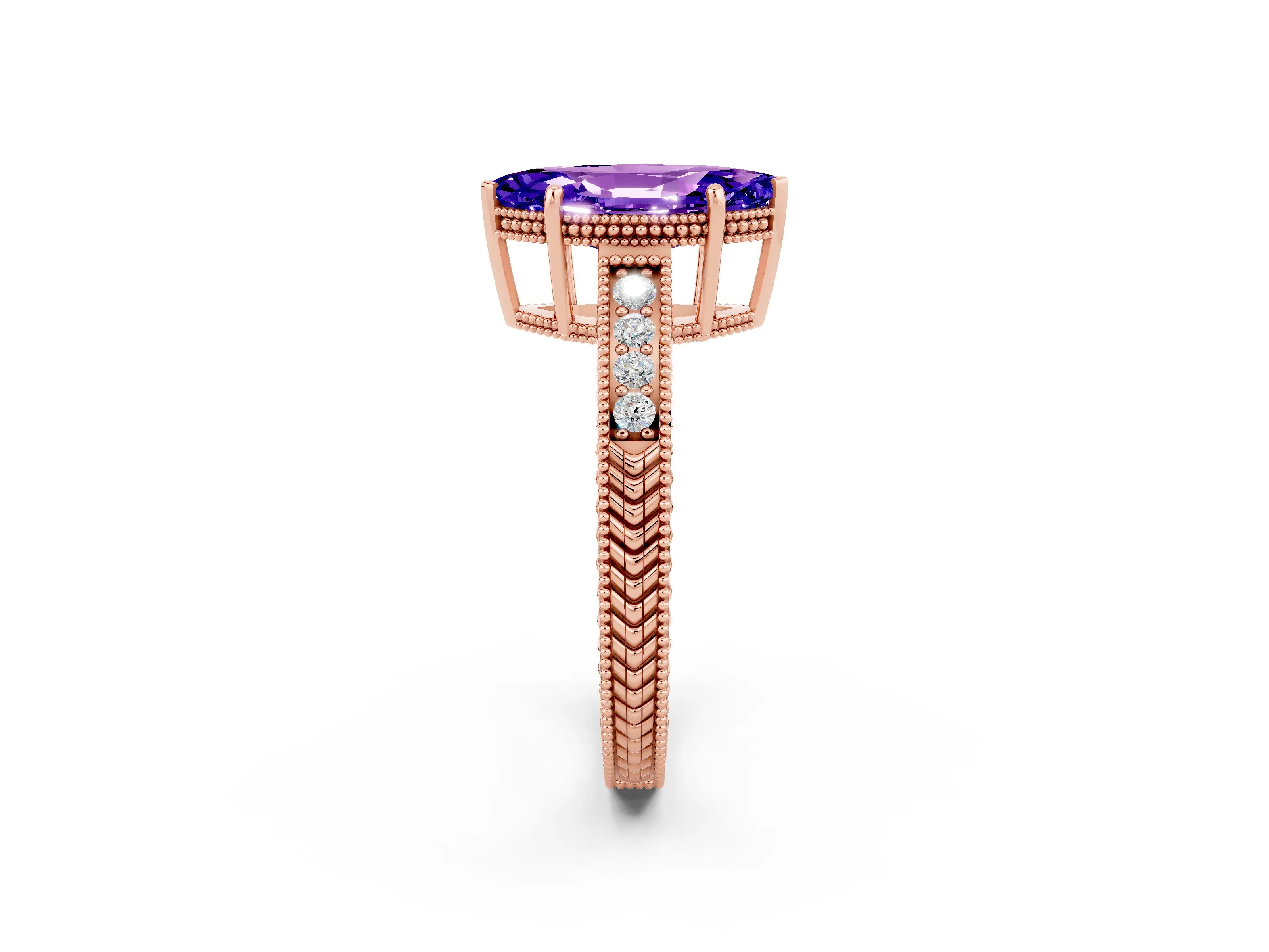 Rose gold Marquise Cut Tanzanite Ring with Milgrain Pavé Band and Four-Prong Setting_14