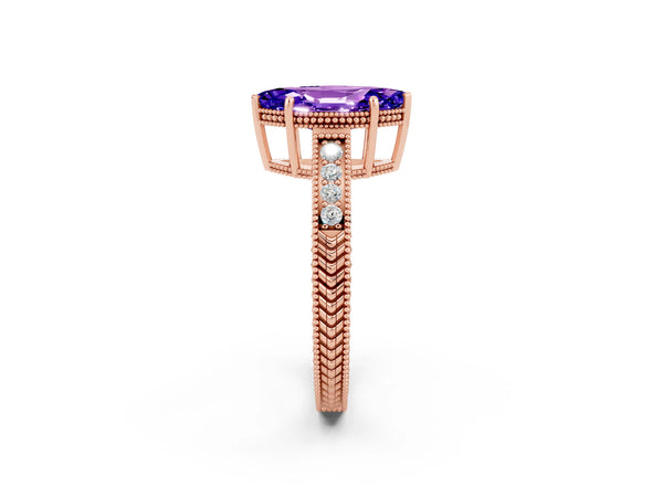 Rose gold Marquise Cut Tanzanite Ring with Milgrain Pavé Band and Four-Prong Setting