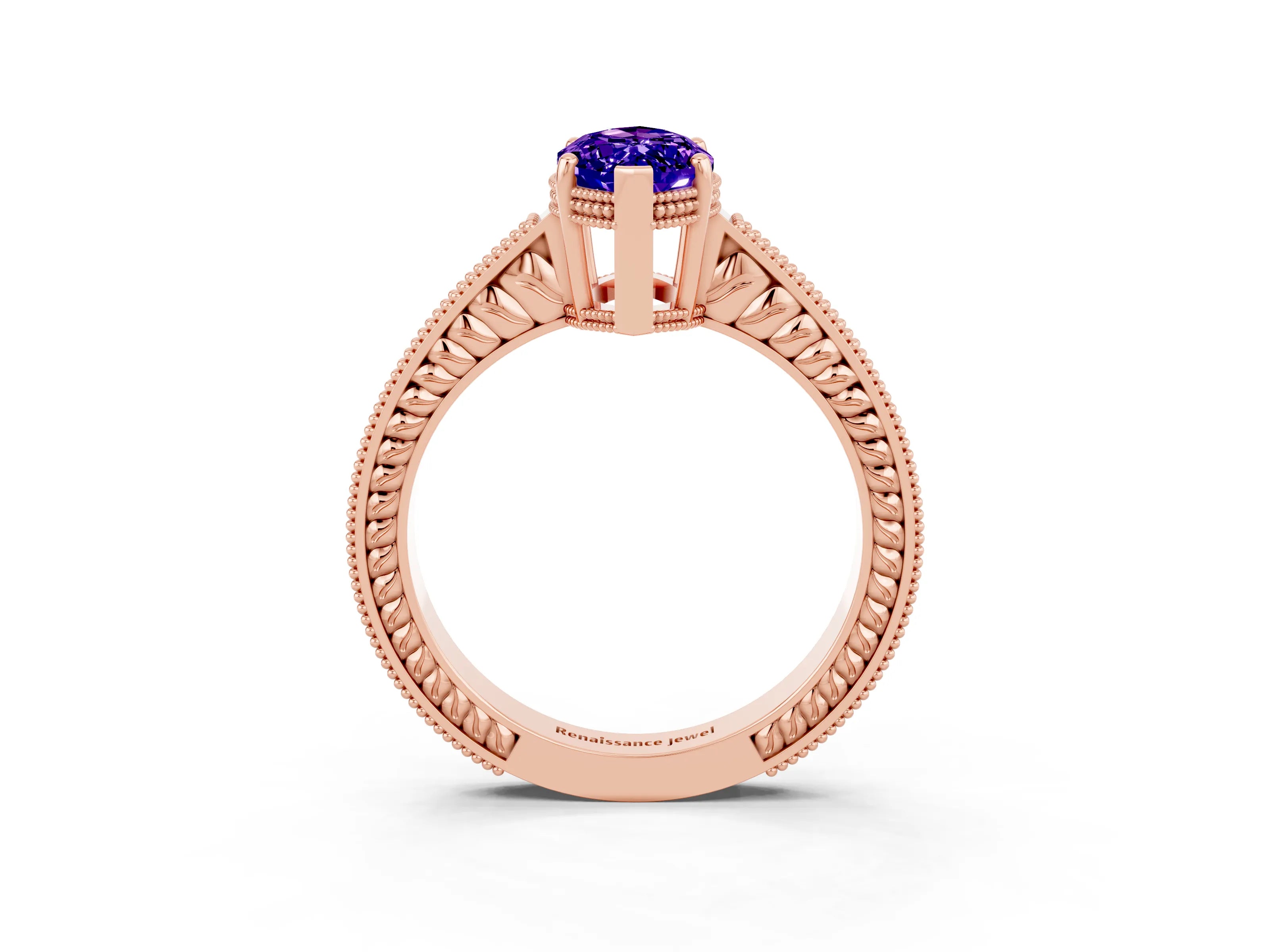 Rose gold Marquise Cut Tanzanite Ring with Milgrain Pavé Band and Four-Prong Setting_15