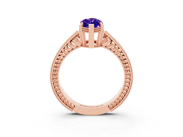 Rose gold Marquise Cut Tanzanite Ring with Milgrain Pavé Band and Four-Prong Setting