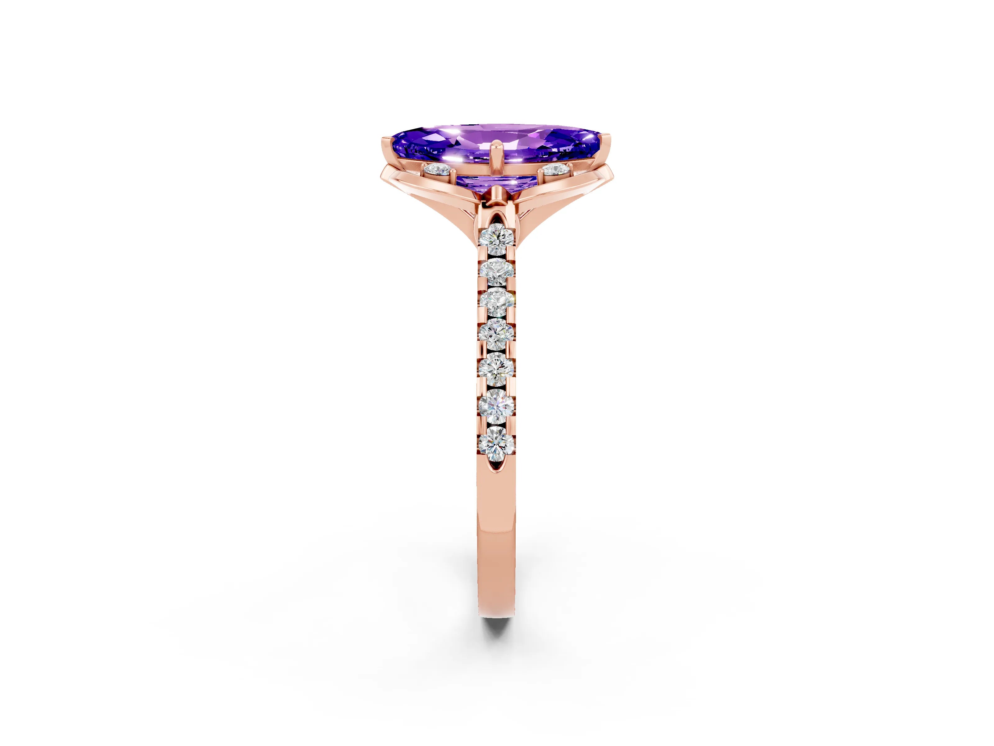 Rose gold Marquise Cut Tanzanite Ring with Pavé Band and Floral Prong Setting_2