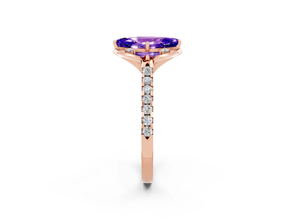 Rose gold Marquise Cut Tanzanite Ring with Pavé Band and Floral Prong Setting
