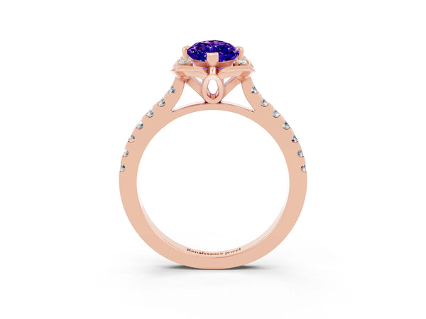 Rose gold Marquise Cut Tanzanite Ring with Pavé Band and Floral Prong Setting