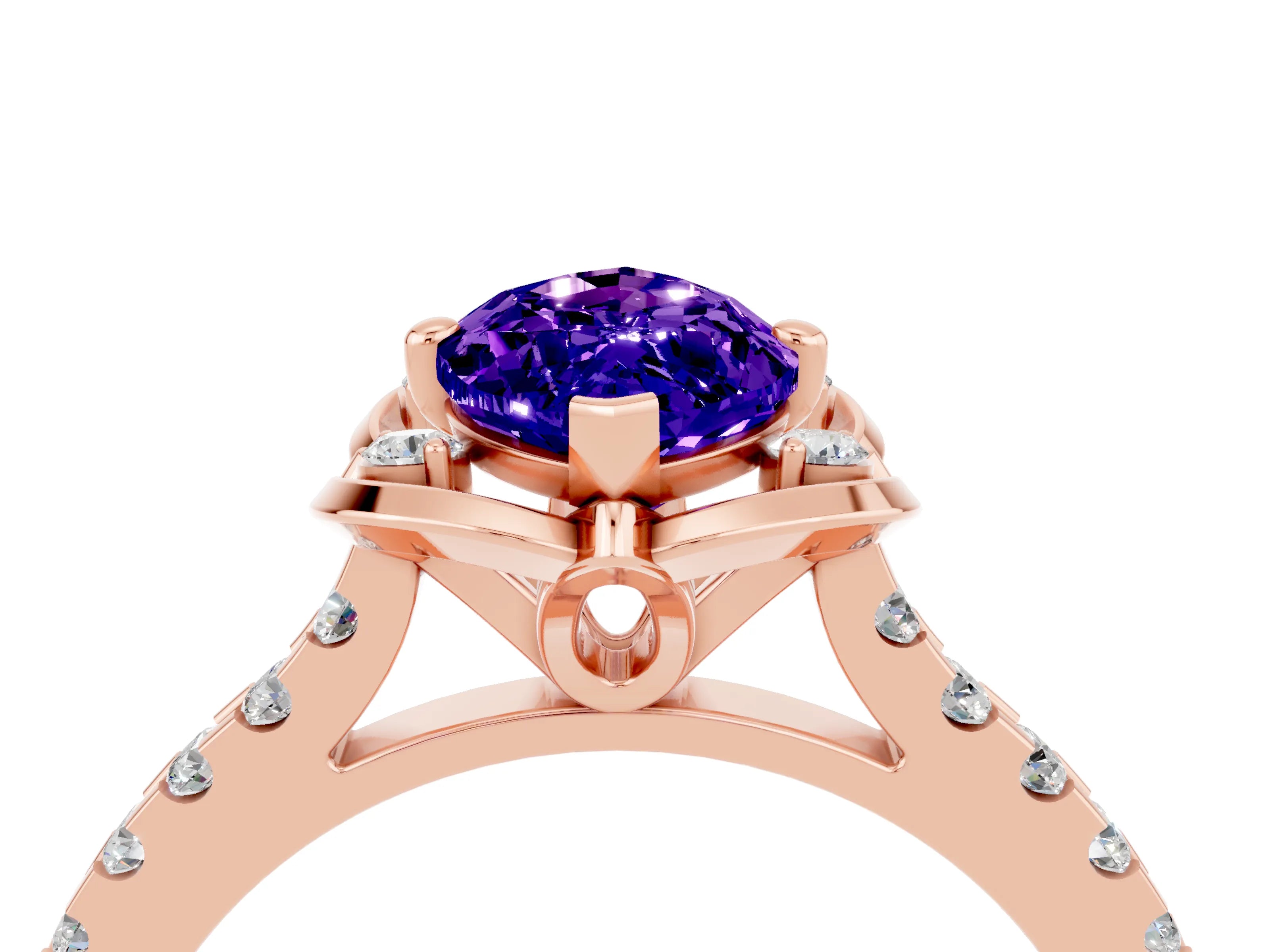 Rose gold Marquise Cut Tanzanite Ring with Pavé Band and Floral Prong Setting_4
