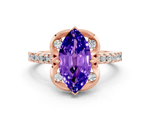 Rose gold Marquise Cut Tanzanite Ring with Pavé Band and Floral Prong Setting