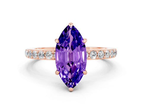 Rose gold Marquise Cut Tanzanite Ring with Pavé Band and Four-Prong Setting
