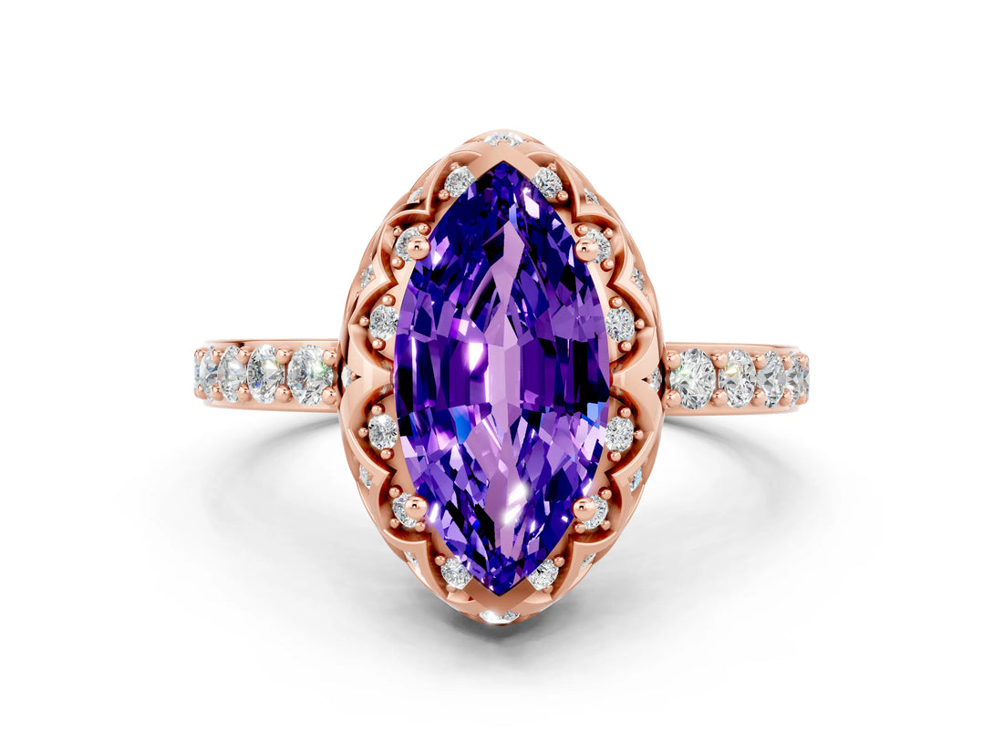 Rose gold Marquise Cut Tanzanite Scalloped Halo Engagement Ring with Round Shared Prong Band_12