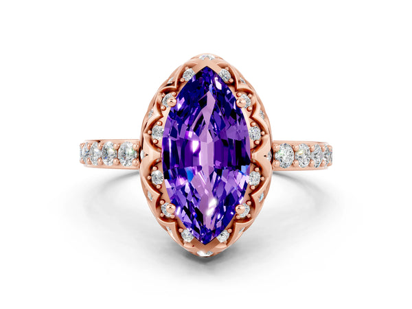 Rose gold Marquise Cut Tanzanite Scalloped Halo Engagement Ring with Round Shared Prong Band