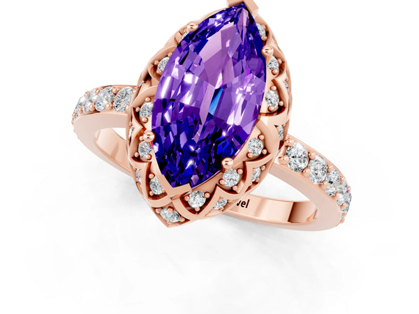 Rose gold Marquise Cut Tanzanite Scalloped Halo Engagement Ring with Round Shared Prong Band