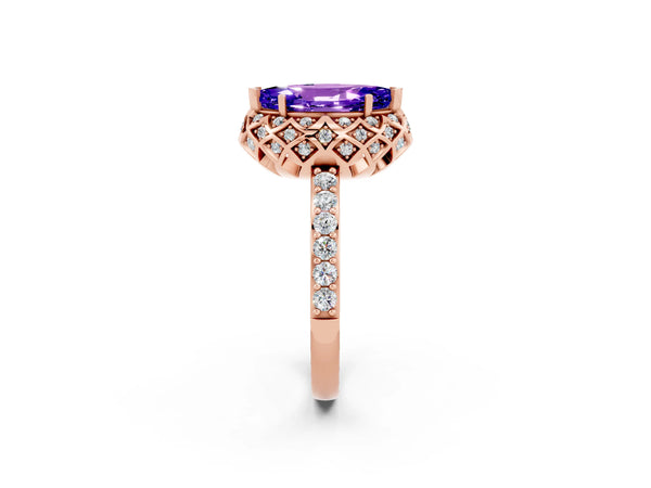 Rose gold Marquise Cut Tanzanite Scalloped Halo Engagement Ring with Round Shared Prong Band