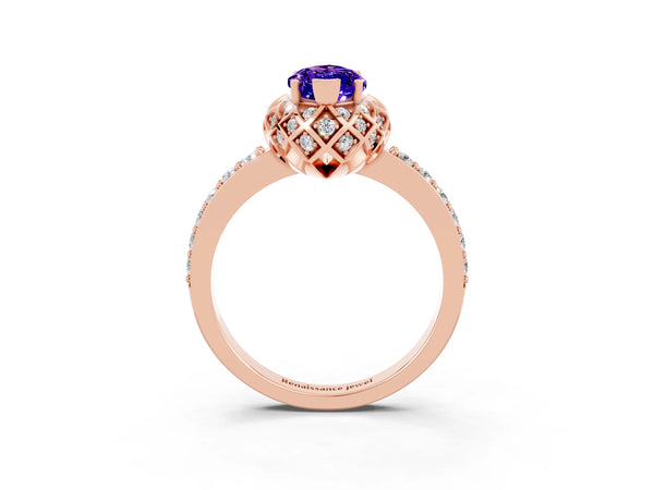 Rose gold Marquise Cut Tanzanite Scalloped Halo Engagement Ring with Round Shared Prong Band