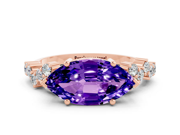 Rose gold Marquise Cut Tanzanite Scattered Round Accent Ring with Prong Setting