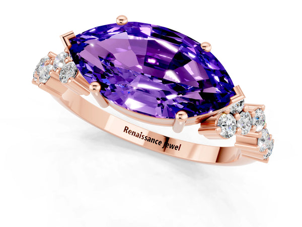 Rose gold Marquise Cut Tanzanite Scattered Round Accent Ring with Prong Setting
