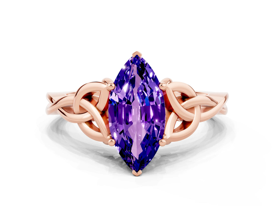 Rose gold Marquise Cut Tanzanite Solitaire Celtic Knot Ring with Four-Prong Setting_12