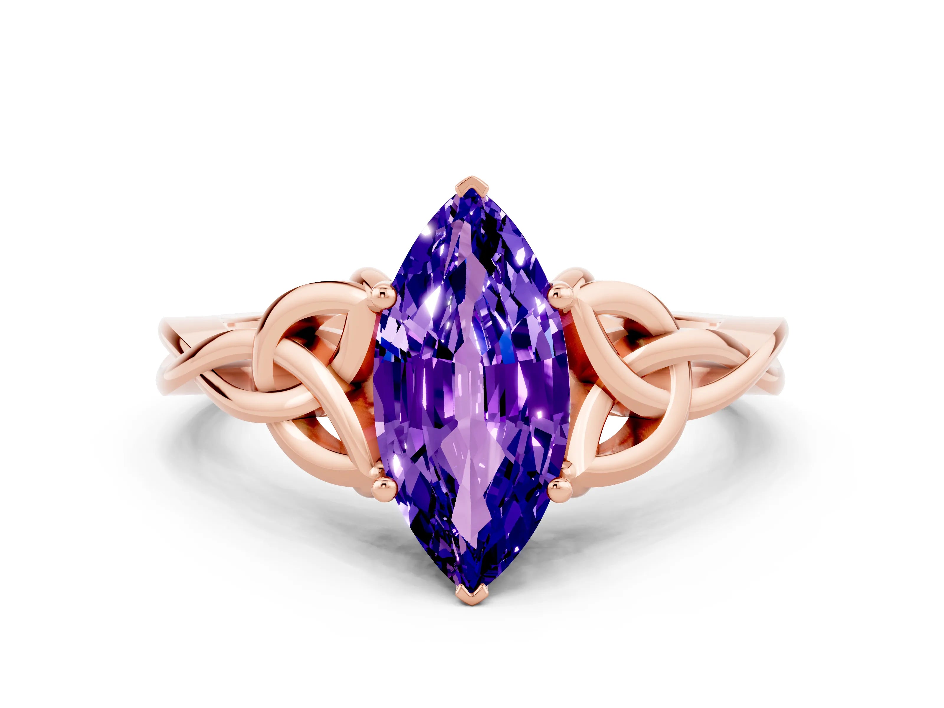 Rose gold Marquise Cut Tanzanite Solitaire Engagement Ring with Celtic Knot Band and Four-Prong Setting