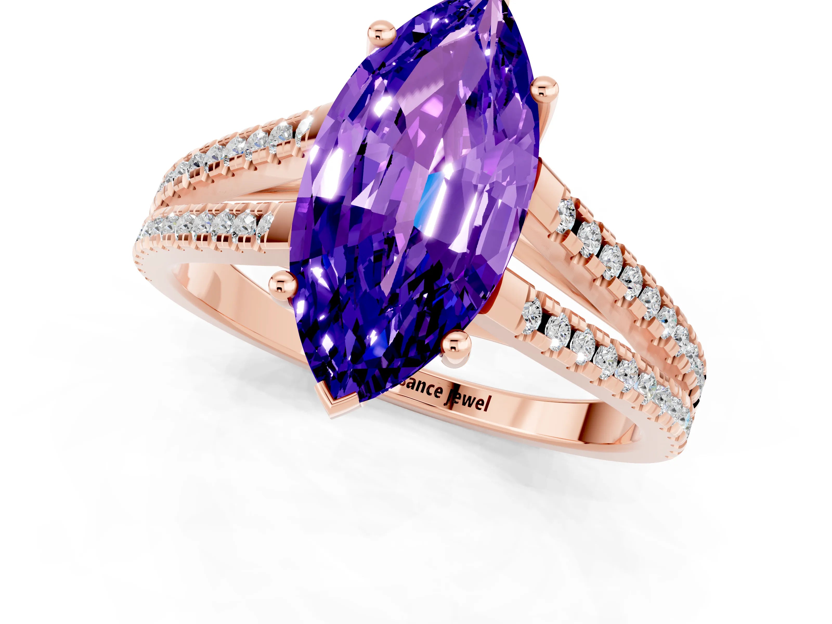 Rose gold Marquise Cut Tanzanite Solitaire Engagement Ring with Split Shank Pavé Band_1