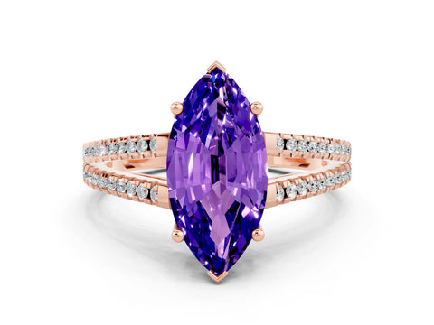 Rose gold Marquise Cut Tanzanite Solitaire Engagement Ring with Split Shank Pavé Band