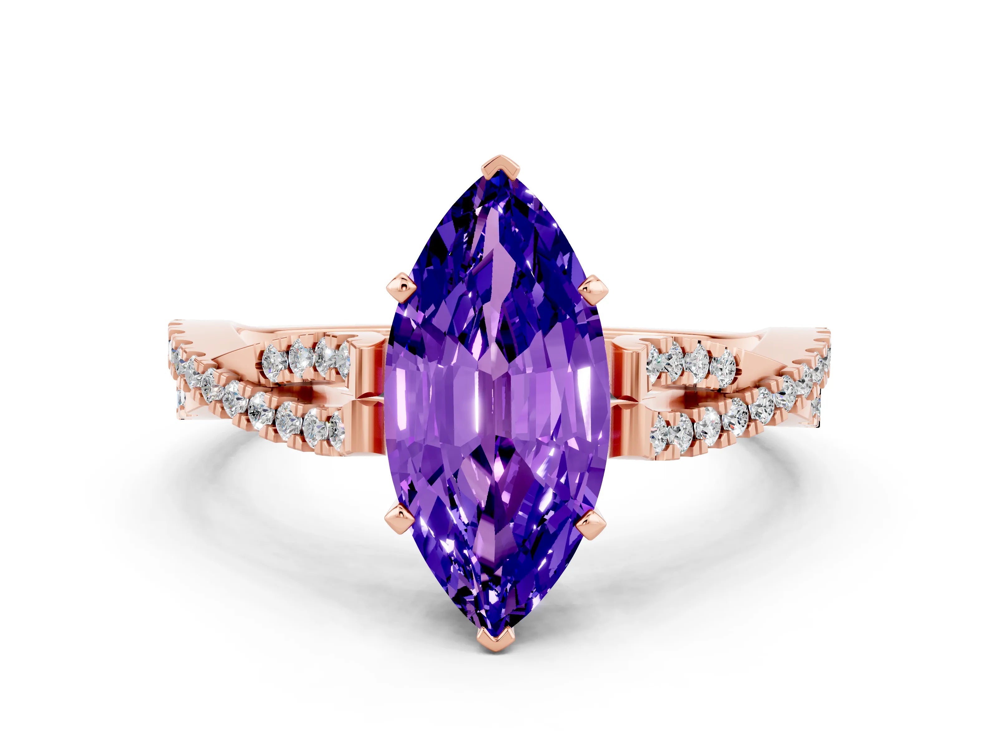 Rose gold Marquise Cut Tanzanite Solitaire Engagement Ring with Twisted Pavé Band and Four-Prong Setting