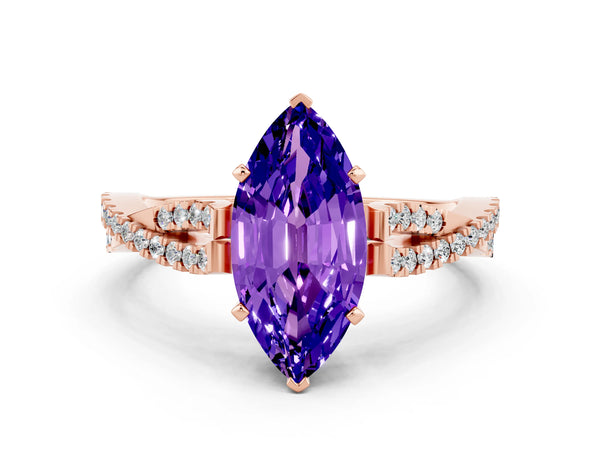 Rose gold Marquise Cut Tanzanite Solitaire Engagement Ring with Twisted Pavé Band and Four-Prong Setting