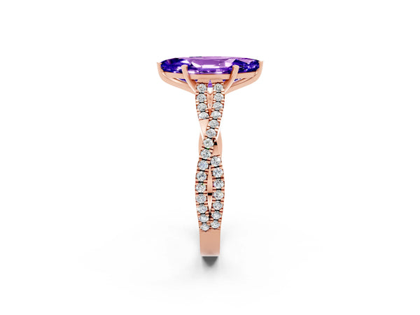 Rose gold Marquise Cut Tanzanite Solitaire Engagement Ring with Twisted Pavé Band and Four-Prong Setting