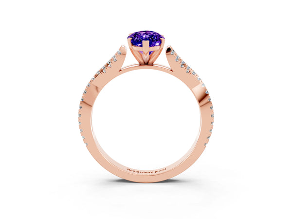 Rose gold Marquise Cut Tanzanite Solitaire Engagement Ring with Twisted Pavé Band and Four-Prong Setting