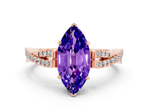 Rose gold Marquise Cut Tanzanite Solitaire Engagement Ring with Twisted Pavé Band and Four-Prong Setting