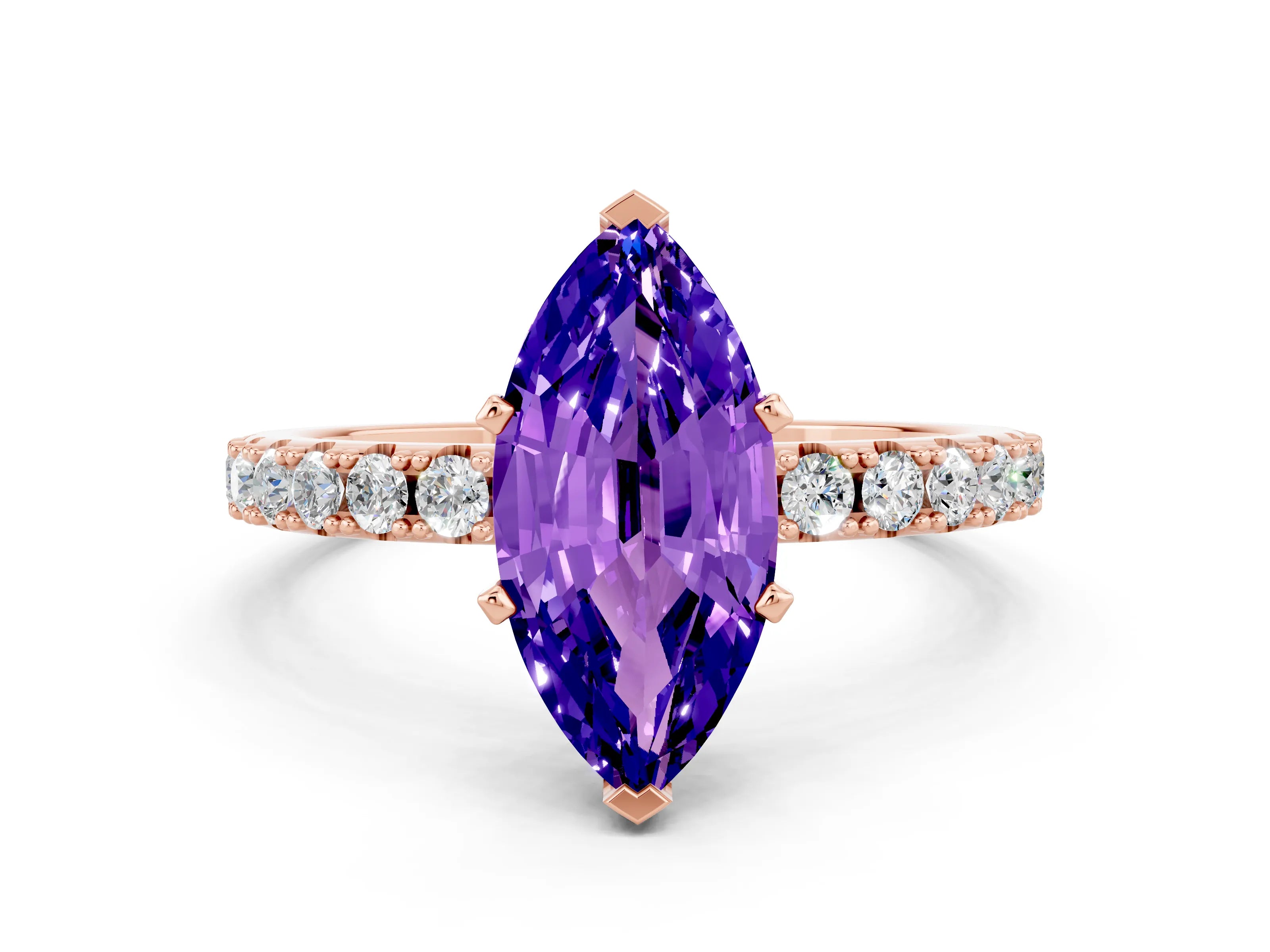 Rose gold Marquise Cut Tanzanite Solitaire Pavé Band with Four-Prong Setting