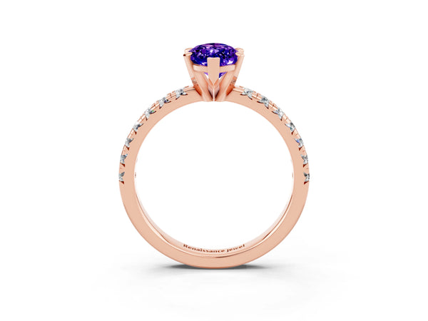 Rose gold Marquise Cut Tanzanite Solitaire Pavé Engagement Ring with Round Band and Prong Setting