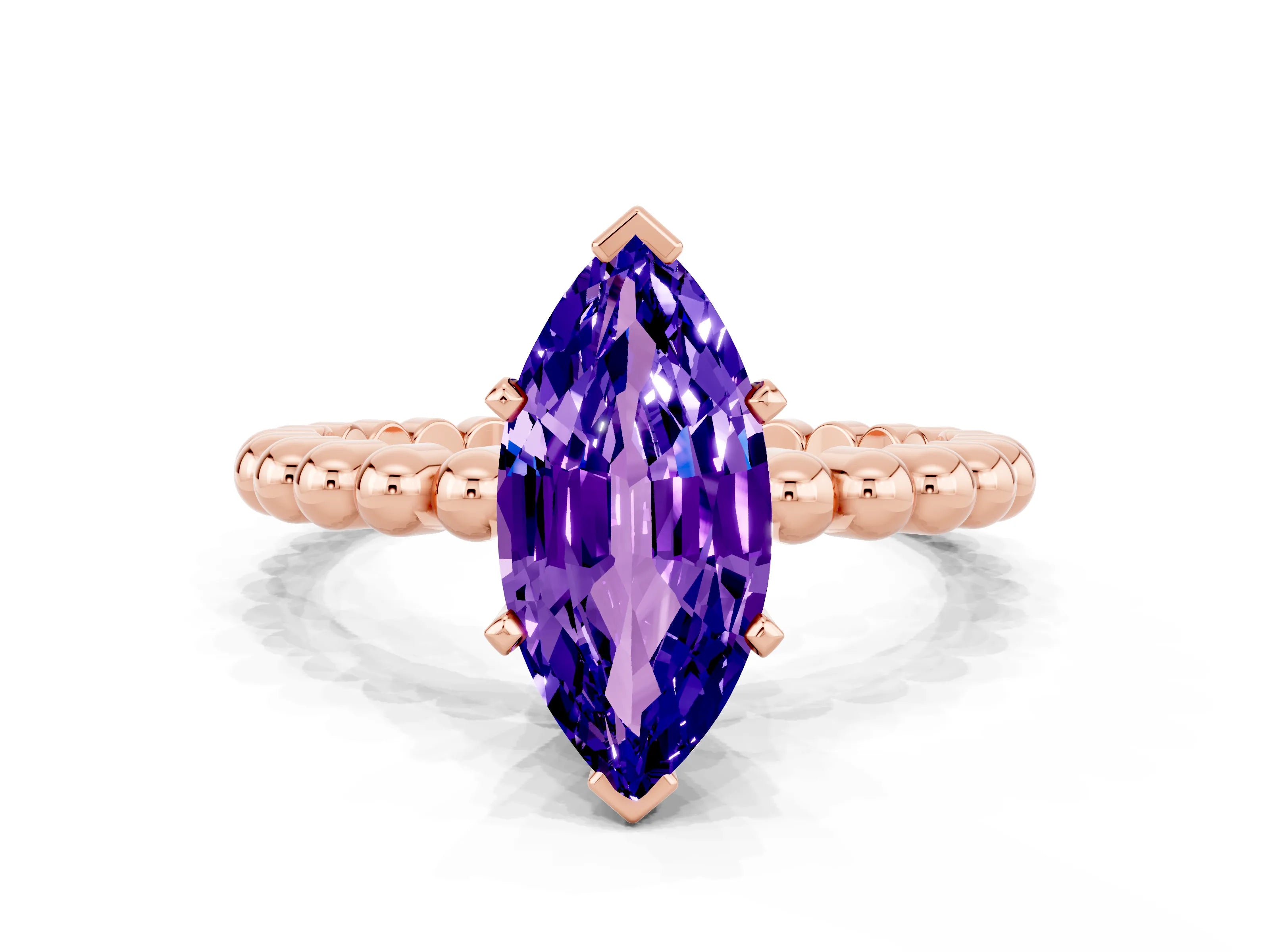 Rose gold Marquise Cut Tanzanite Solitaire Ring with Beaded Band and Prong Setting