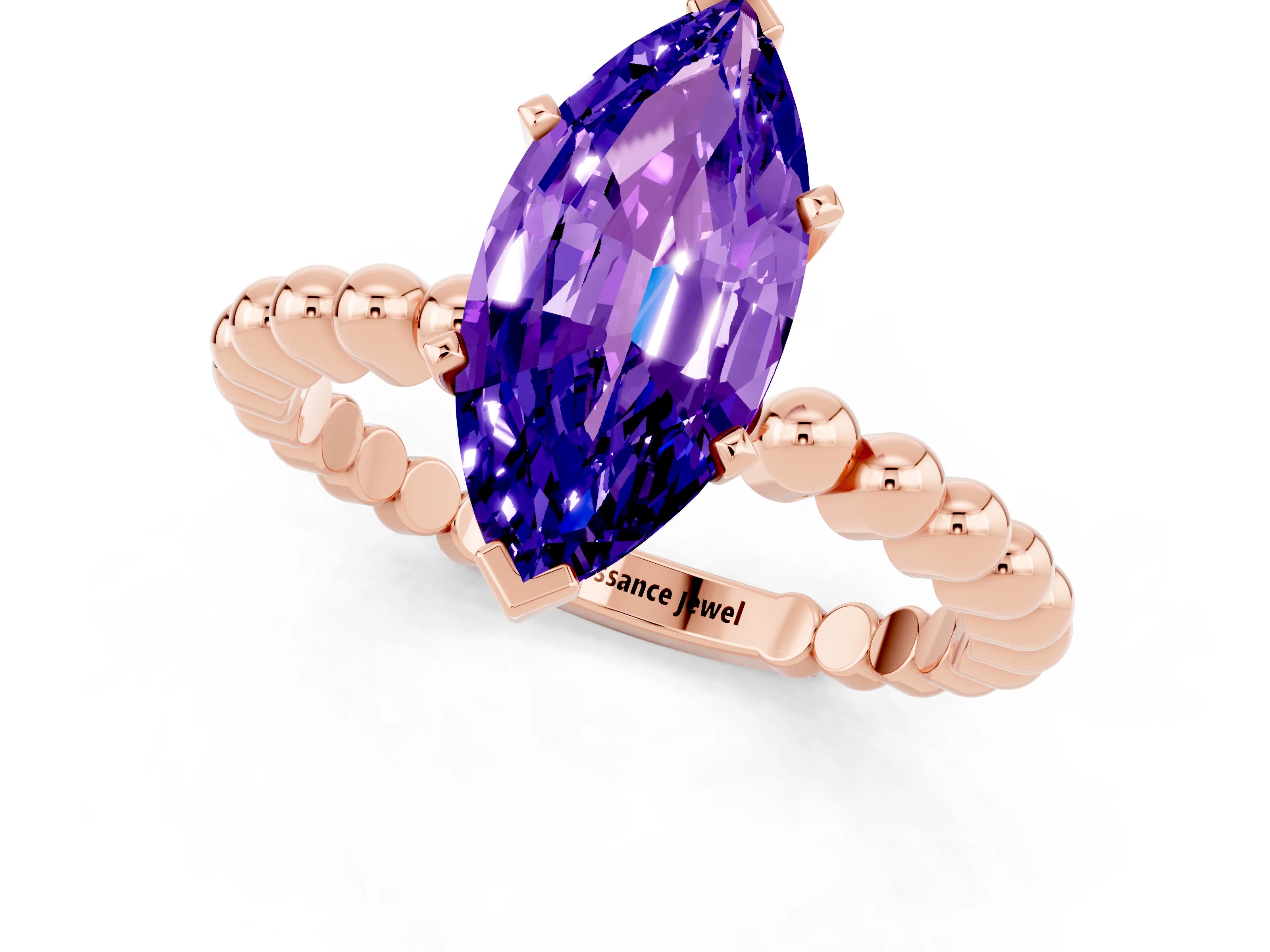 Rose gold Marquise Cut Tanzanite Solitaire Ring with Beaded Band and Prong Setting_1