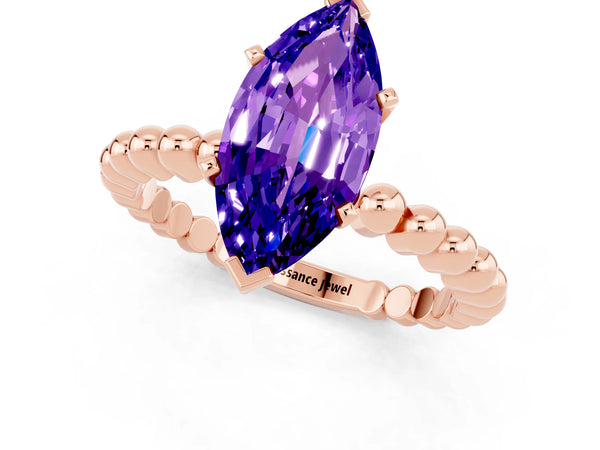 Rose gold Marquise Cut Tanzanite Solitaire Ring with Beaded Band and Prong Setting