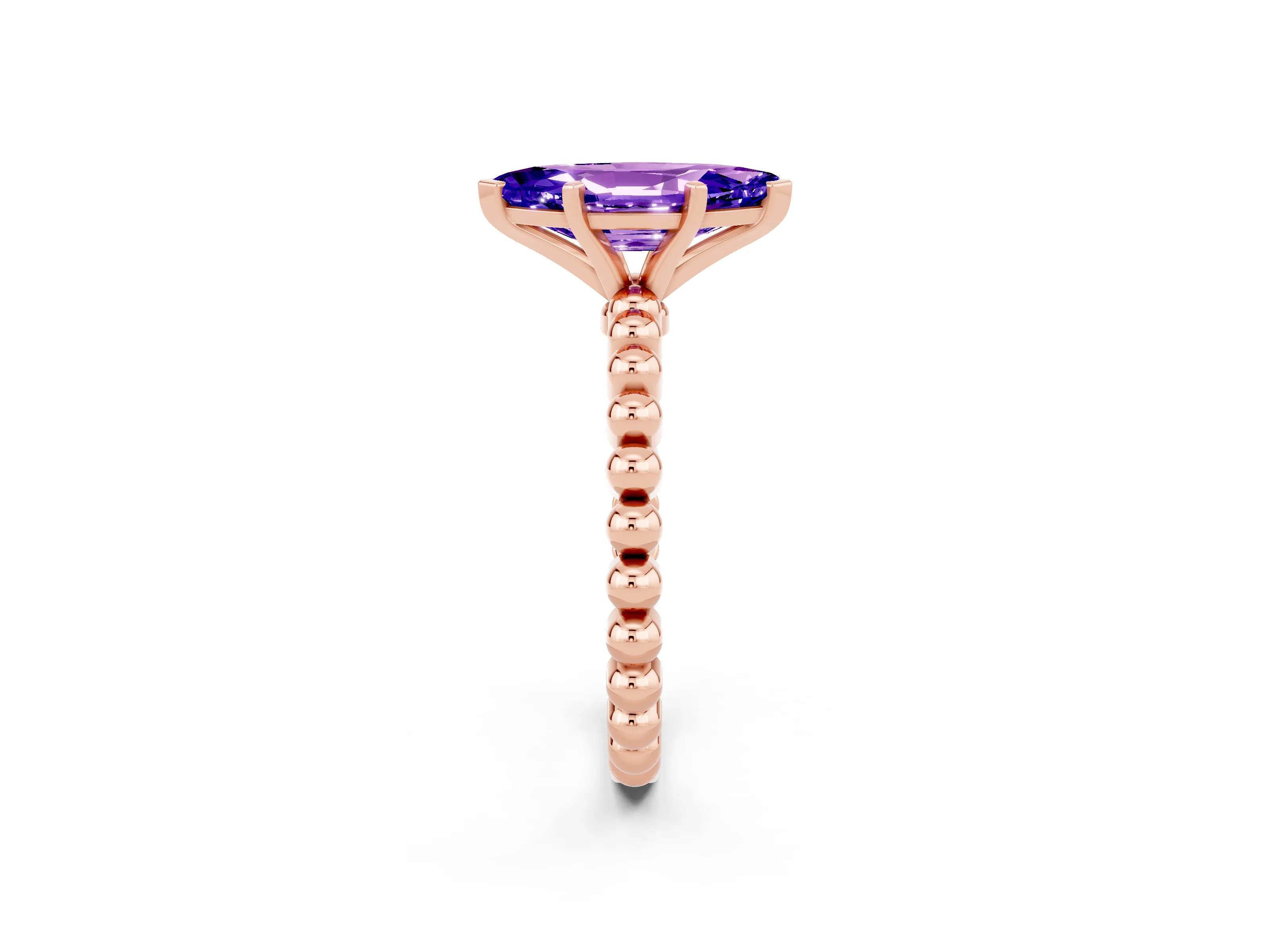 Rose gold Marquise Cut Tanzanite Solitaire Ring with Beaded Band and Prong Setting_2