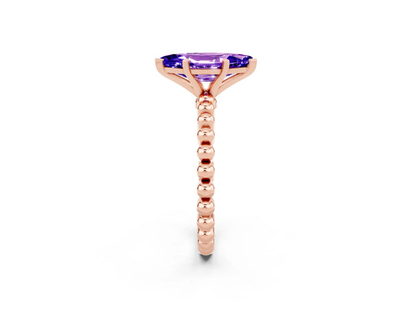 Rose gold Marquise Cut Tanzanite Solitaire Ring with Beaded Band and Prong Setting