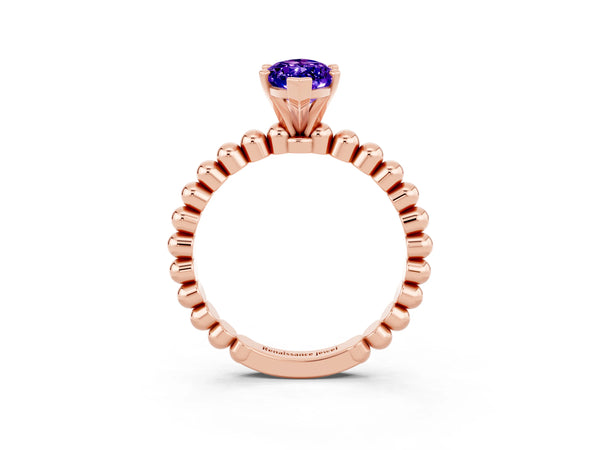 Rose gold Marquise Cut Tanzanite Solitaire Ring with Beaded Band and Prong Setting
