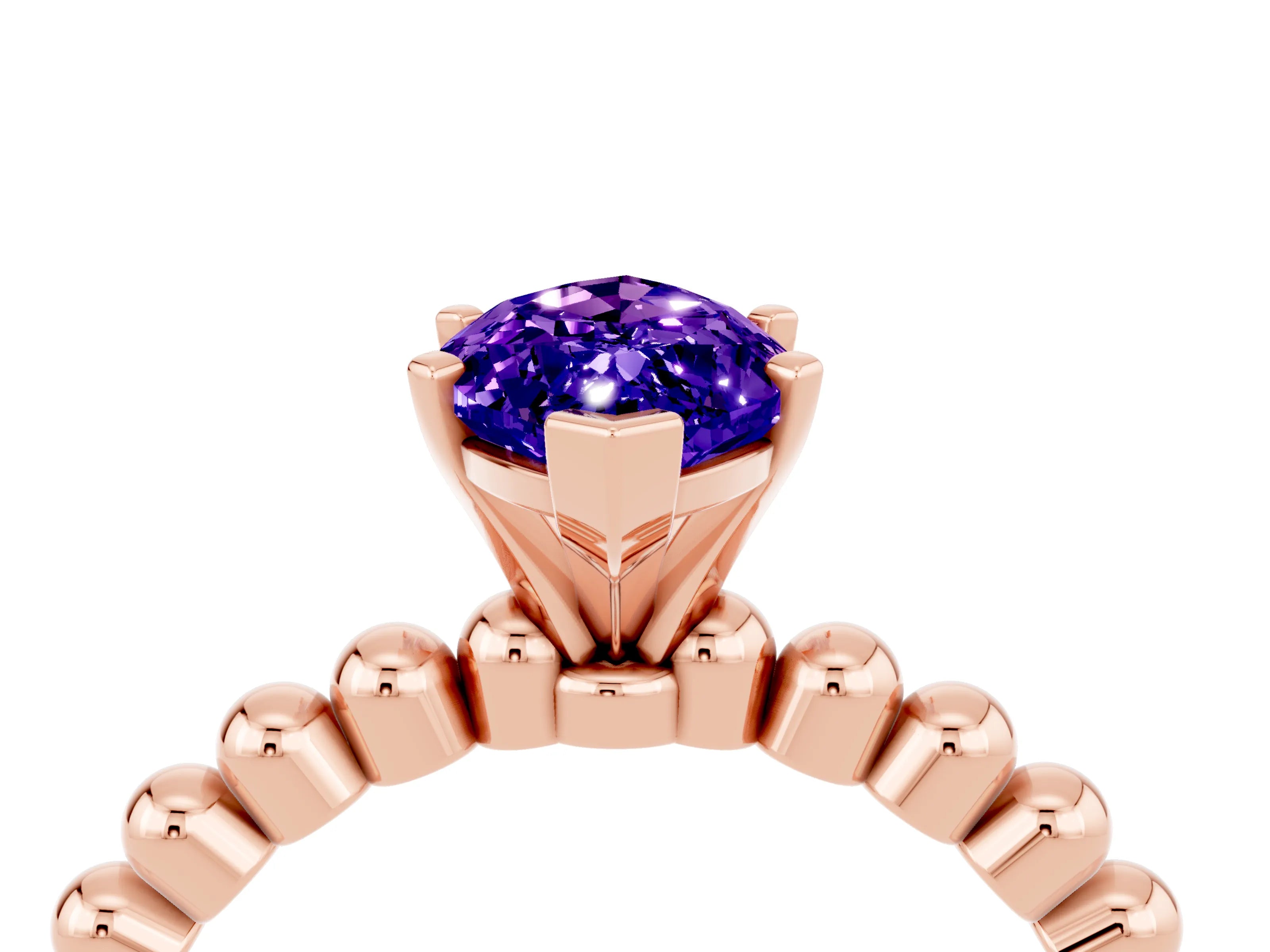 Rose gold Marquise Cut Tanzanite Solitaire Ring with Beaded Band and Prong Setting_4