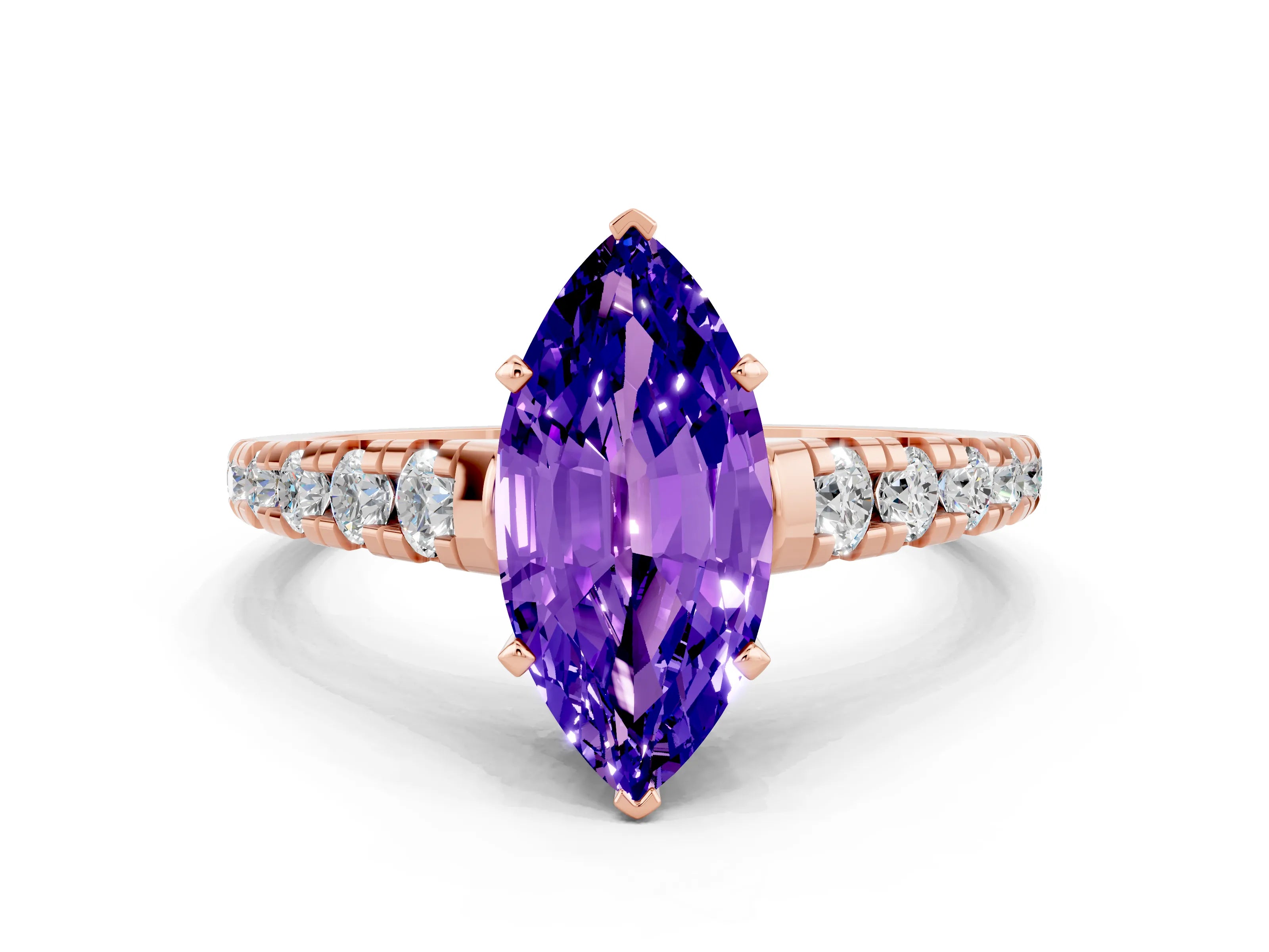 Rose gold Marquise Cut Tanzanite Solitaire Ring with Cathedral Setting and Pavé Band