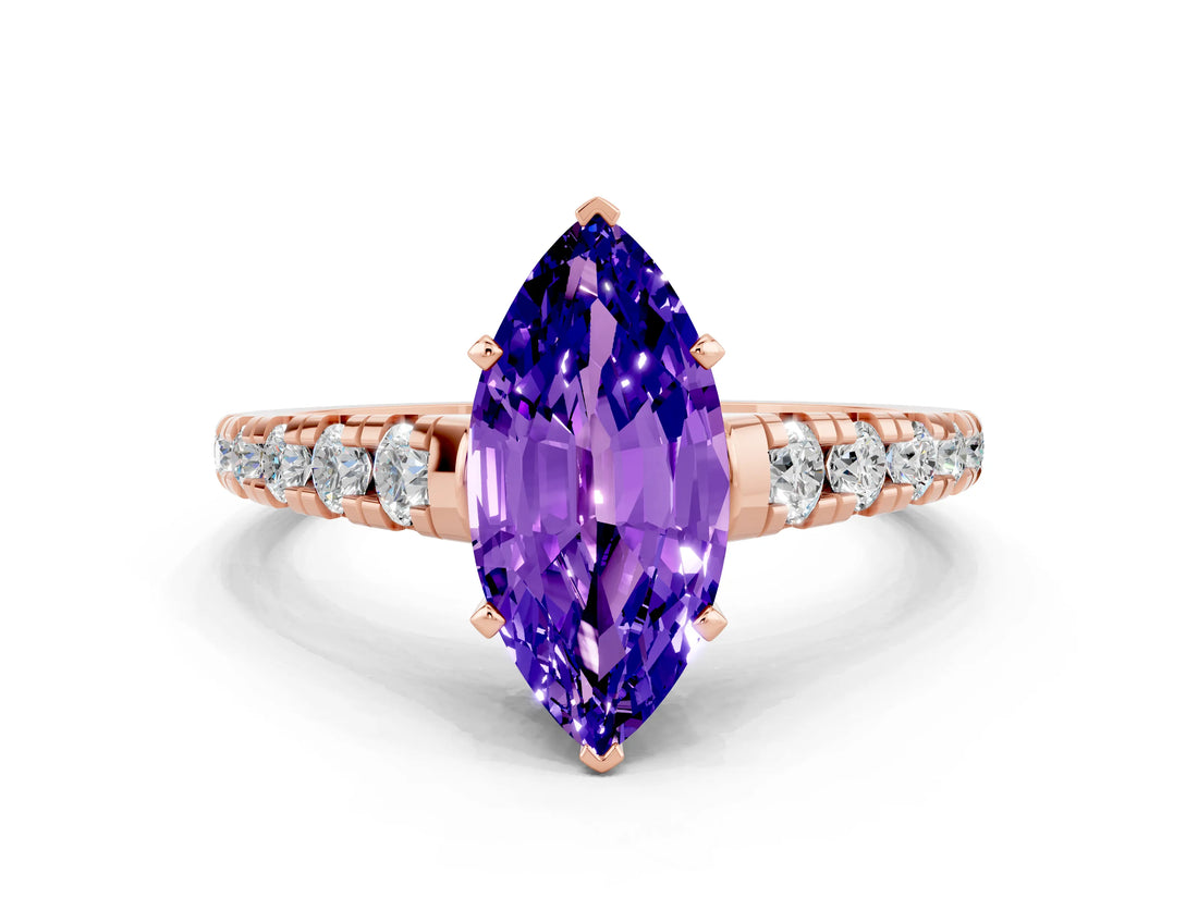 Rose gold Marquise Cut Tanzanite Solitaire Ring with Cathedral Setting and Pavé Band