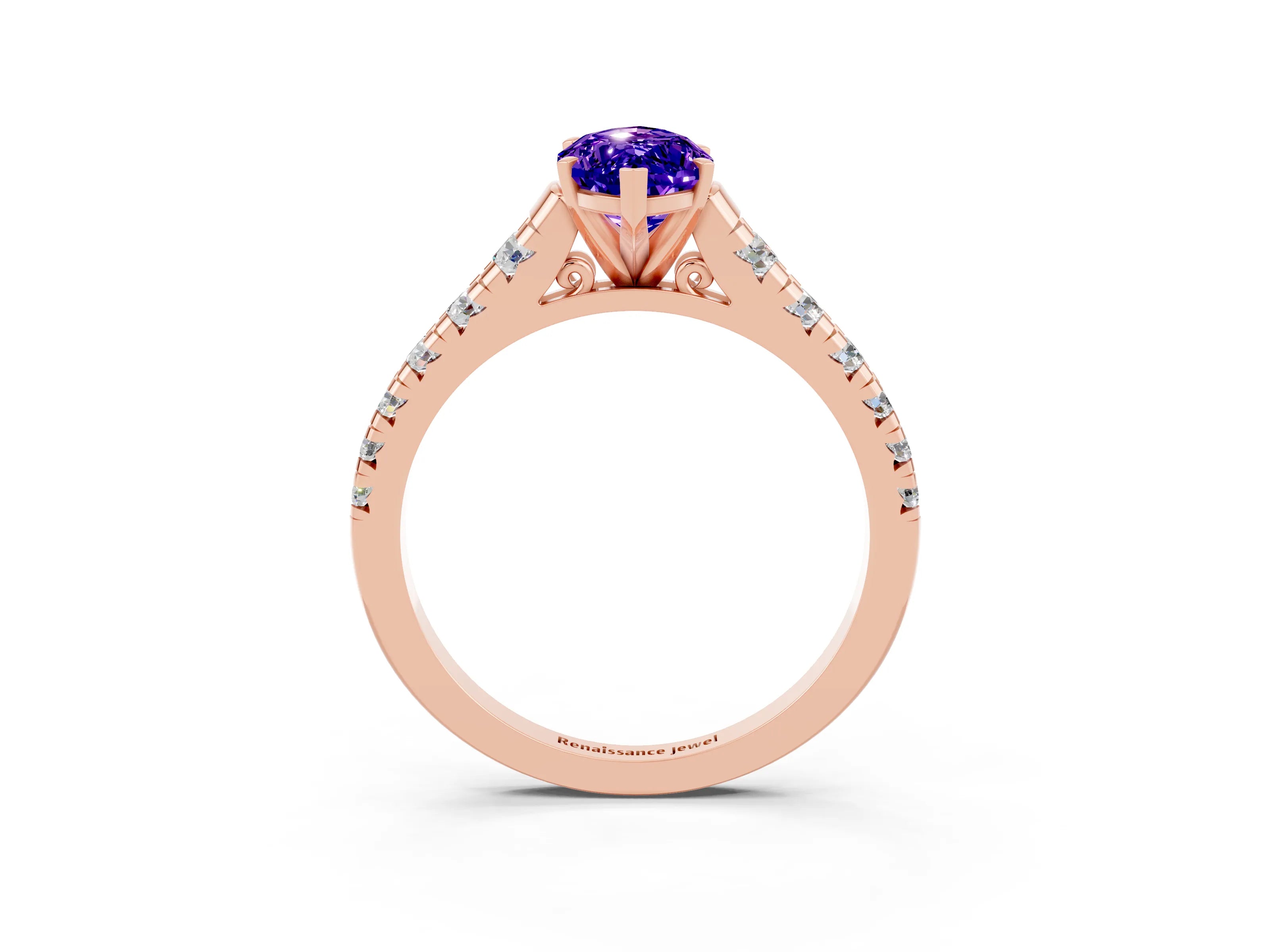 Rose gold Marquise Cut Tanzanite Solitaire Ring with Cathedral Setting and Pavé Band_3