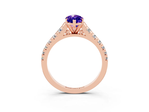 Rose gold Marquise Cut Tanzanite Cathedral Solitaire Ring with Round  Pavé Band
