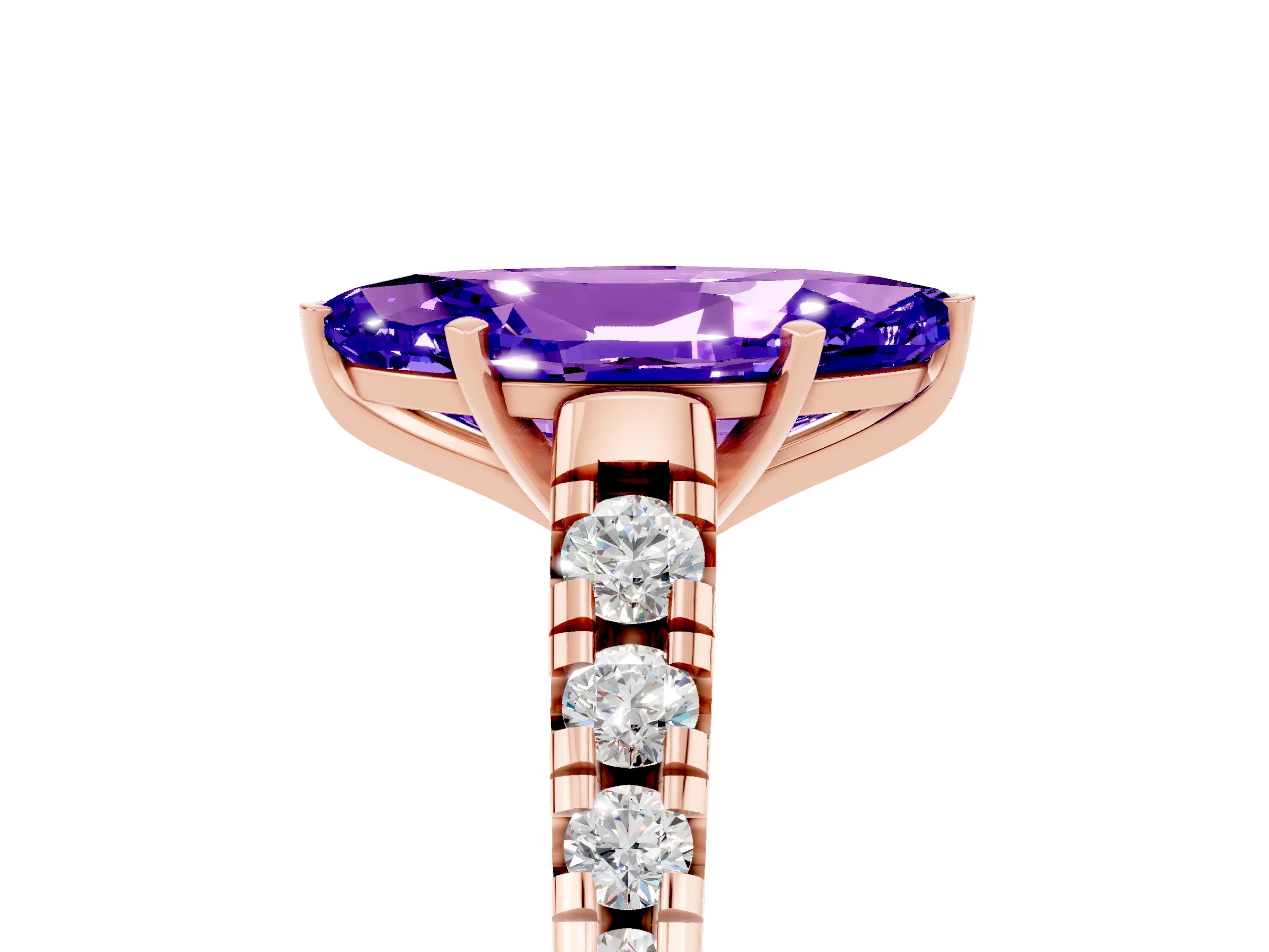 Rose gold Marquise Cut Tanzanite Solitaire Ring with Cathedral Setting and Pavé Band_5